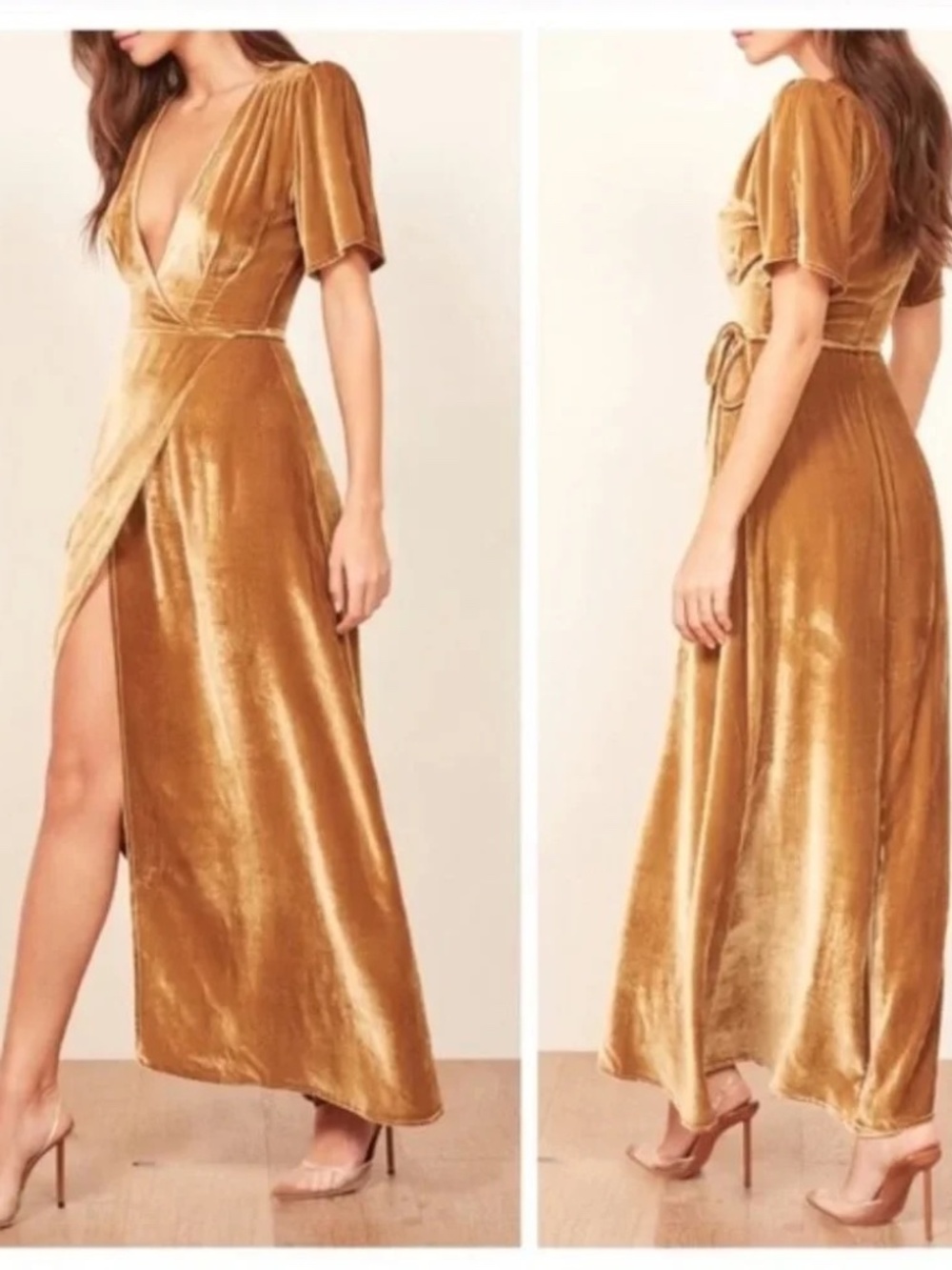 NWT Reformation Tiffany Gold Velvet Wrap Maxi Dress Size Medium